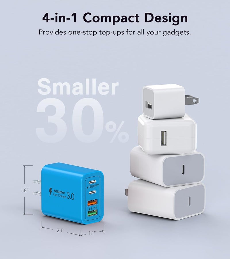 Dulums [40 واط/عبوة 2] شاحن حائط، كتلة شاحن USB C، محول طاقة سريع للغاية متعدد المنافذ PD + QC 3.0 لساعة سلسلة 9 8 7، آيفون 17 16 15 14 13 برو ماكس، آيربود، سامسونج جالاكسي S24 (أزرق) - Image 5